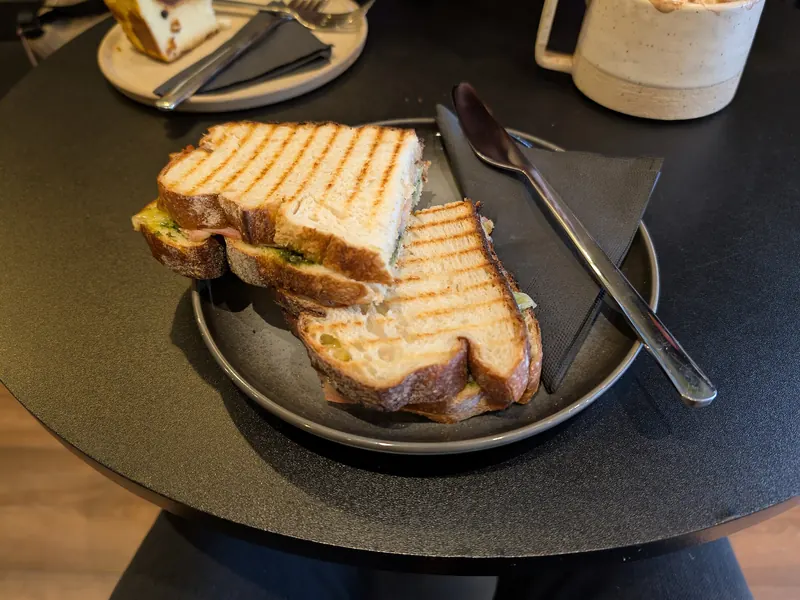Toasted sandwich cut in half on a plate