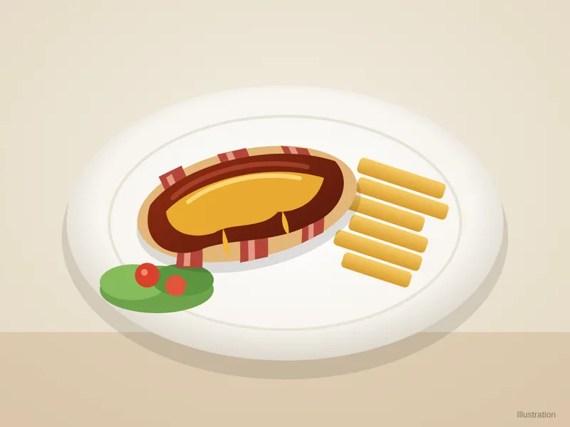 Illustration of hunter's chicken: a chicken breast wrapped in bacon, topped with BBQ sauce and melted cheese, with chips and salad