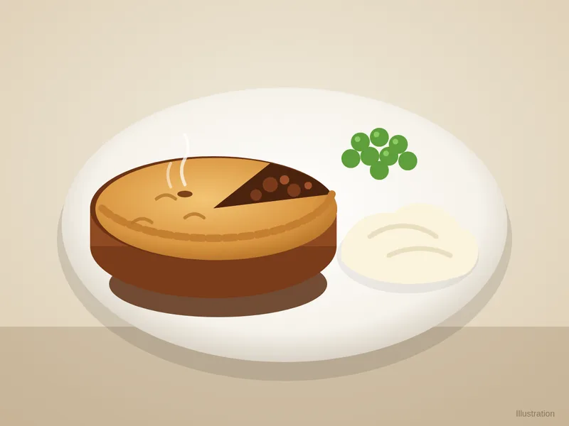 Illustration of a steak and ale pie with a slice cut out, served with mash, peas and gravy