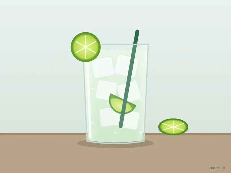 Illustration of a vodka, lime and soda: a tall glass with ice, a lime wedge, a lime wheel on the rim and a straw