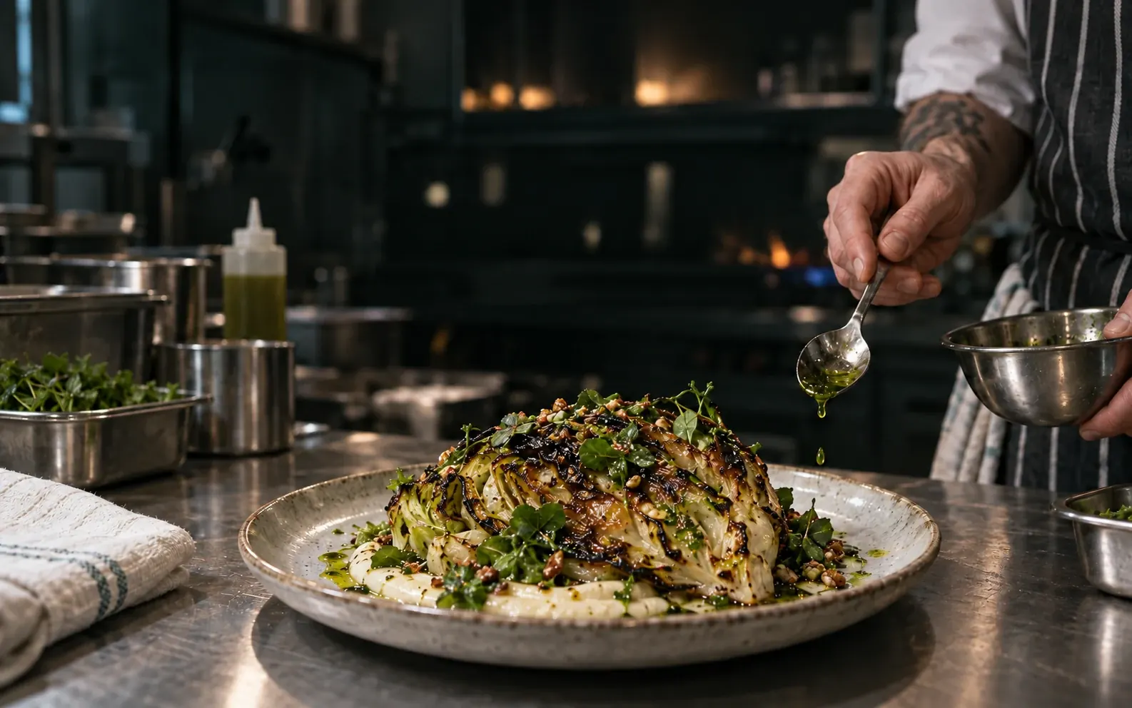 A chef finishing a plated dish on a stainless-steel kitchen pass